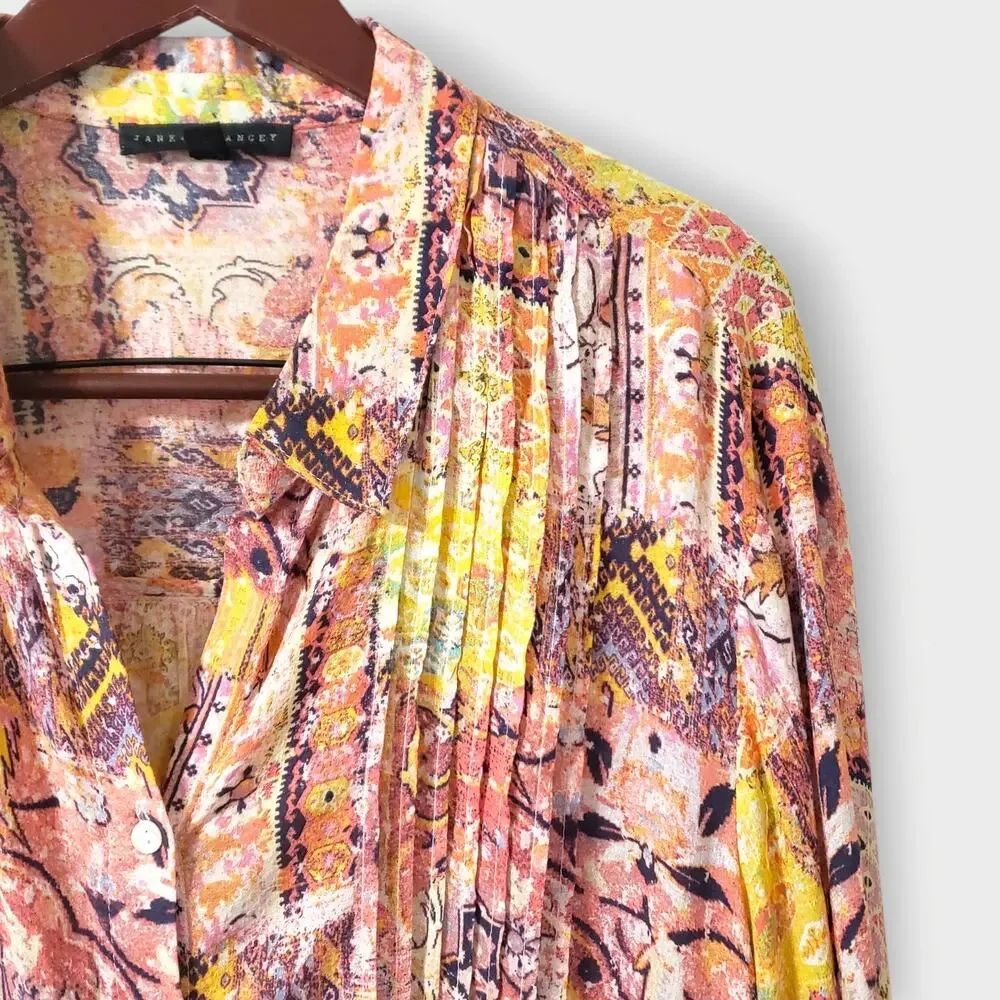 Jane + Delancey‎ 3X Pink Abstract Pleated Button Up Shirt Artsy Lagen Colorful